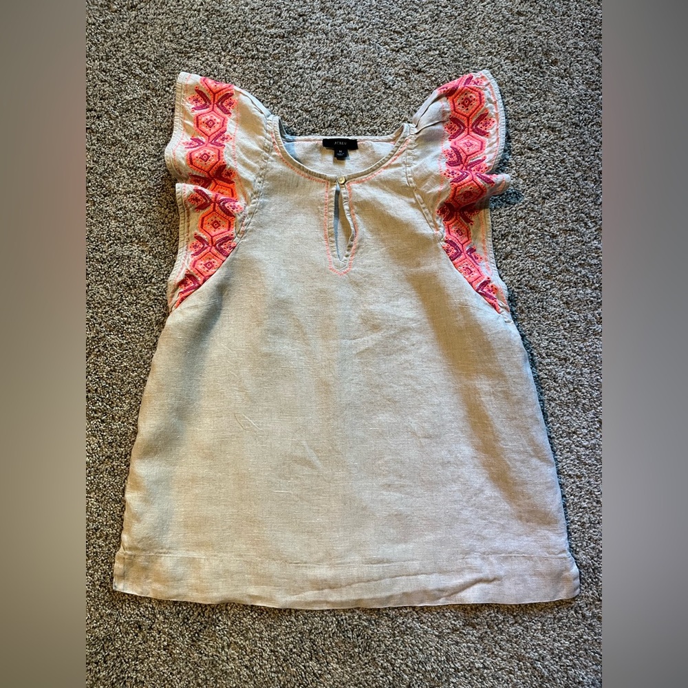 J Crew Embroidered Linen Top Sz M Shirt Keyhole Tank Flutter Sleeve Natural Pink